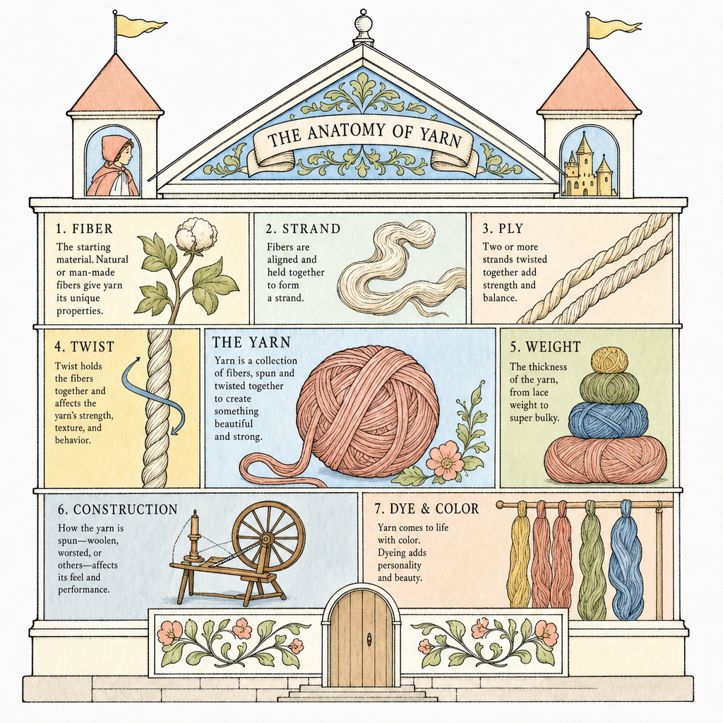 Illustrated diagram showing the anatomy of yarn: fiber, strand, ply, twist, weight, construction, and dye & color, drawn in the style of a storybook house