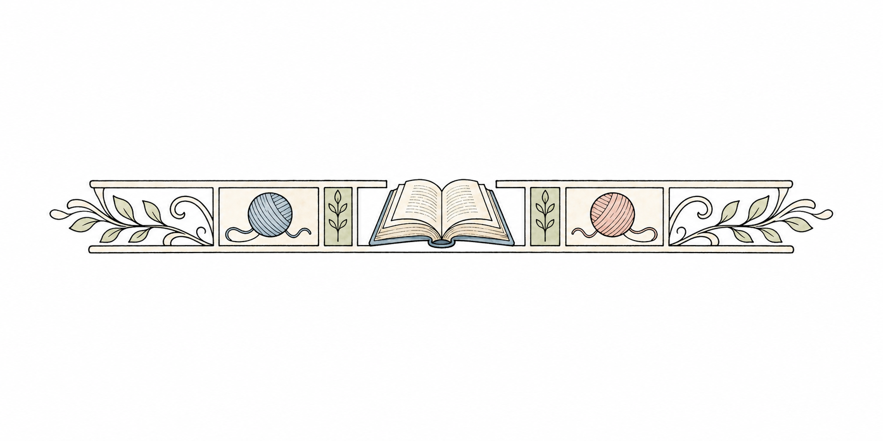 An open book between two yarn balls, decorative section break