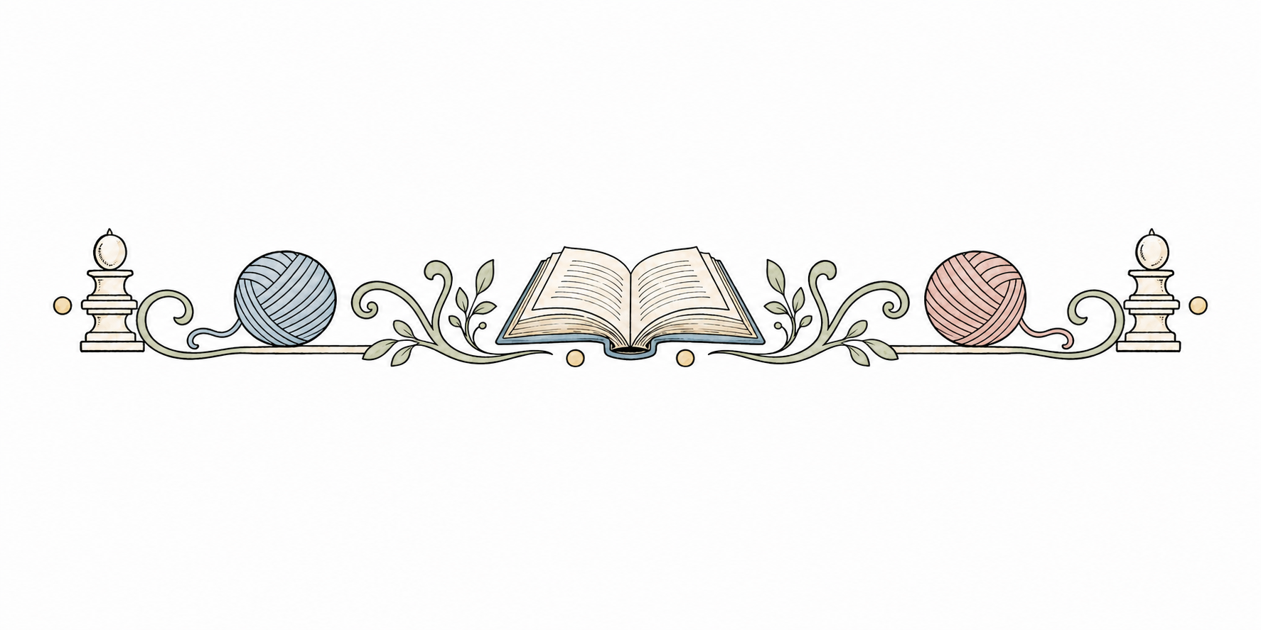 An open book flanked by yarn balls and chess pieces, decorative section break